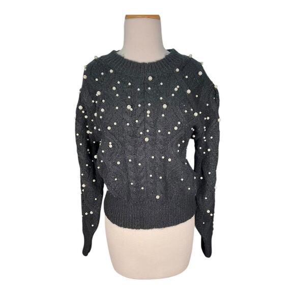 ASTR The Label Crew Neck Black Faux Pearls Knit Sweater Long Sleeve Size Small - Picture 4 of 12